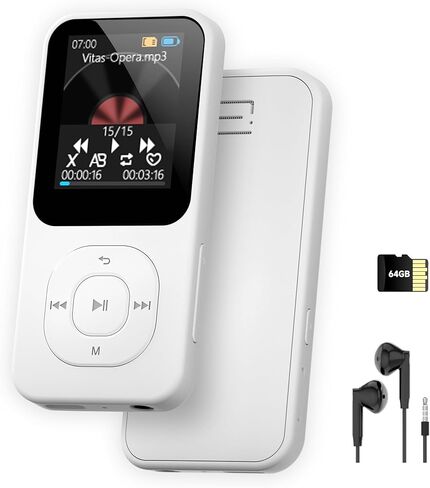 64GB MP3 Player with Bluetooth 5.3, Pecsu Music Player with Built-in HD Speaker, FM Radio, Voice Recorder, HiFi Sound, E-Book Function, Earphones Included in Saudi Arabia
