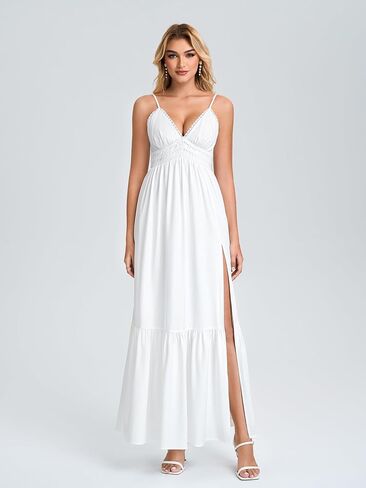 KUTUMAI Floral Lace Maxi Dress Bow Tie V Neck Slit Flowy Summer Beach Wedding Guest Dresses for Women Boho Long Sundress in Saudi Arabia