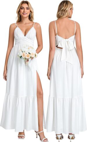 KUTUMAI Floral Lace Maxi Dress Bow Tie V Neck Slit Flowy Summer Beach Wedding Guest Dresses for Women Boho Long Sundress in Saudi Arabia