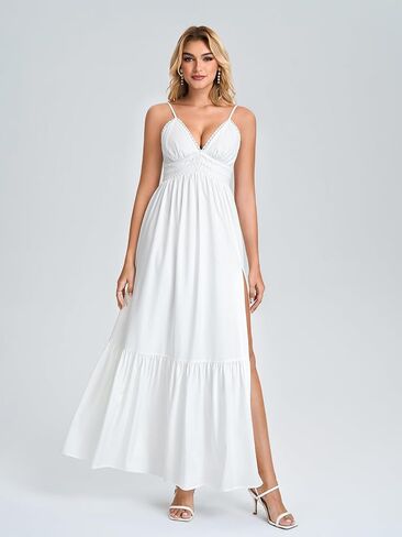 KUTUMAI Floral Lace Maxi Dress Bow Tie V Neck Slit Flowy Summer Beach Wedding Guest Dresses for Women Boho Long Sundress in Saudi Arabia