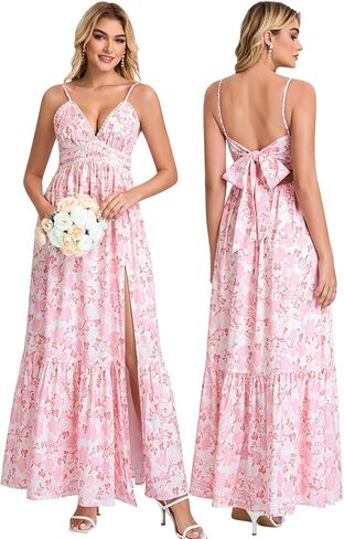 KUTUMAI Floral Lace Maxi Dress Bow Tie V Neck Slit Flowy Summer Beach Wedding Guest Dresses for Women Boho Long Sundress in Saudi Arabia