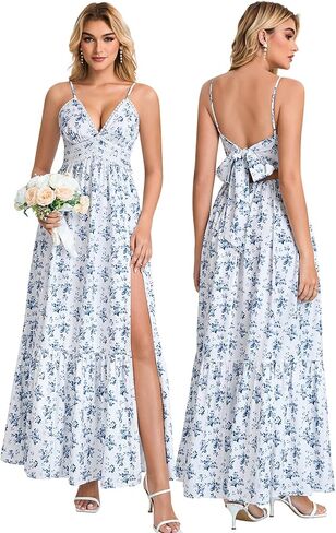 KUTUMAI Floral Lace Maxi Dress Bow Tie V Neck Slit Flowy Summer Beach Wedding Guest Dresses for Women Boho Long Sundress in Saudi Arabia