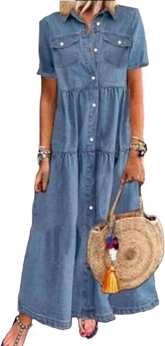 Sexyshine Women's Button Down Denim Dress Short Sleeve Lapel Collar High Waist A Line Swing Ruffle Jeans Maxi Dress in Saudi Arabia