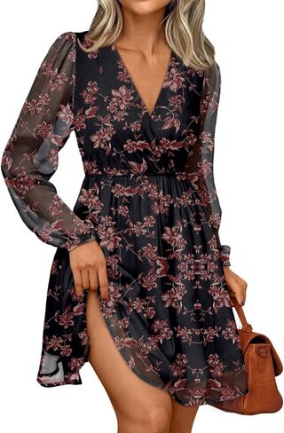 LILLUSORY Womens Long Sleeve Wedding Guest Dresses Winter 2026 Casual Fall Fashion V Neck Mini Chiffon Dress Flowy Clothes in Saudi Arabia