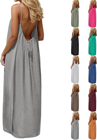 Womens Solid Color Backless Cami Dress Flowy Low Back House Dress Lounge Plus Size Maxi Dresses Summer Linen Sundress in Saudi Arabia