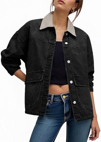 Tankaneo Womens Oversized Denim Jacket Casual Contrast Canvas Collar Button Down Jean Jackets with Pockets in Saudi Arabia