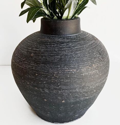 Handmade 10'' Black Rustic Clay Vase, Large Black Round Terracotta Vase, Stone Textured Farmhouse Pottery Pot in Saudi Arabia