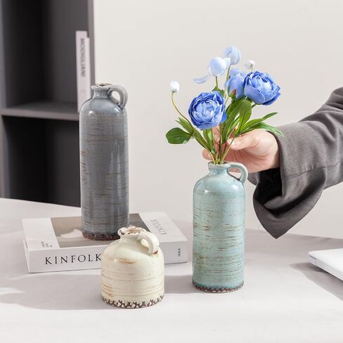 Ceramic Vintage Vase Set of 3 with Handle, Rustic Farmhouse vase for Home Decor,Living Room,Centerpieces, Fireplace, Entryway, Bookshelf, Bathroom in Saudi Arabia