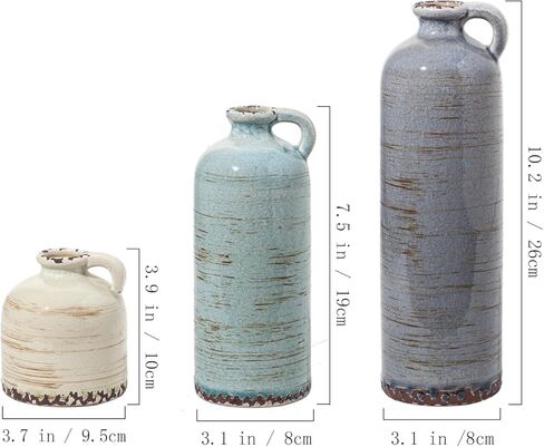 Ceramic Vintage Vase Set of 3 with Handle, Rustic Farmhouse vase for Home Decor,Living Room,Centerpieces, Fireplace, Entryway, Bookshelf, Bathroom in Saudi Arabia