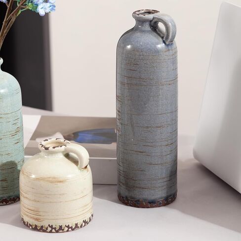 Ceramic Vintage Vase Set of 3 with Handle, Rustic Farmhouse vase for Home Decor,Living Room,Centerpieces, Fireplace, Entryway, Bookshelf, Bathroom in Saudi Arabia