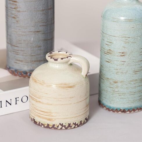 Ceramic Vintage Vase Set of 3 with Handle, Rustic Farmhouse vase for Home Decor,Living Room,Centerpieces, Fireplace, Entryway, Bookshelf, Bathroom in Saudi Arabia