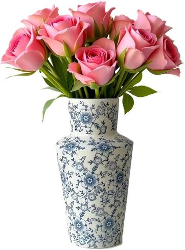 RORA Chinoiserie Blue and White Ceramic Vase - 8.7" Porcelain Floral Design for Home Decor, Centerpiece, or Gift - Perfect for Living Room, Bedroom, Office, or Dining Table in Saudi Arabia