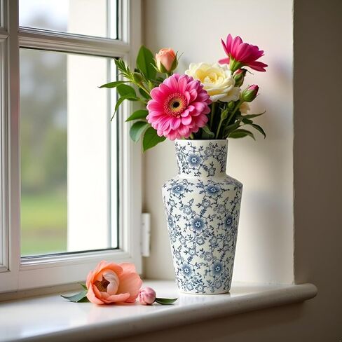 RORA Chinoiserie Blue and White Ceramic Vase - 8.7" Porcelain Floral Design for Home Decor, Centerpiece, or Gift - Perfect for Living Room, Bedroom, Office, or Dining Table in Saudi Arabia