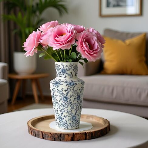 RORA Chinoiserie Blue and White Ceramic Vase - 8.7" Porcelain Floral Design for Home Decor, Centerpiece, or Gift - Perfect for Living Room, Bedroom, Office, or Dining Table in Saudi Arabia