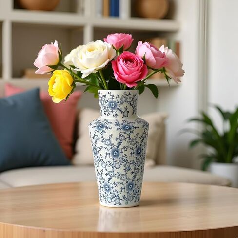 RORA Chinoiserie Blue and White Ceramic Vase - 8.7" Porcelain Floral Design for Home Decor, Centerpiece, or Gift - Perfect for Living Room, Bedroom, Office, or Dining Table in Saudi Arabia