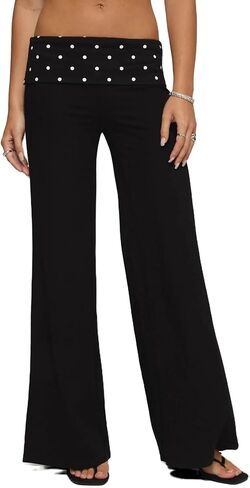 Sunloudy Fold Over Pants for Women Low Rise Straight Lounge Yoga Pants Stretchy Flare Leggings Y2K Foldover Bell Bottoms in Saudi Arabia