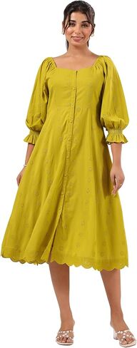 Janasya Women's Cotton Lime Green Comfort Summer Dress for Women in Kuwait