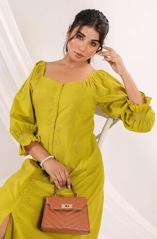 Janasya Women's Cotton Lime Green Comfort Summer Dress for Women in Kuwait