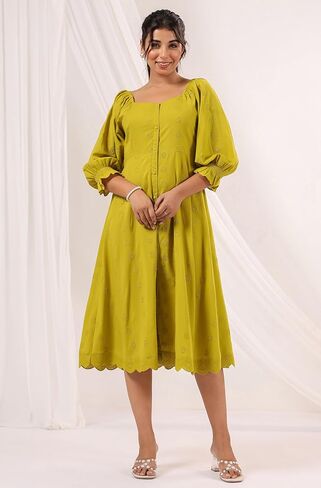 Janasya Women's Cotton Lime Green Comfort Summer Dress for Women in Kuwait