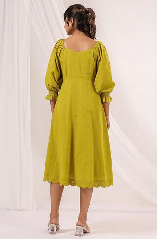 Janasya Women's Cotton Lime Green Comfort Summer Dress for Women in Kuwait