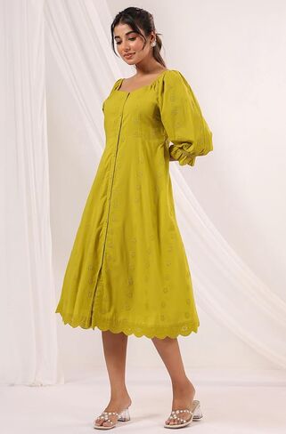 Janasya Women's Cotton Lime Green Comfort Summer Dress for Women in Kuwait