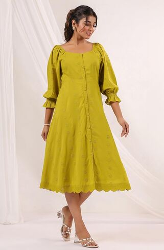 Janasya Women's Cotton Lime Green Comfort Summer Dress for Women in Kuwait