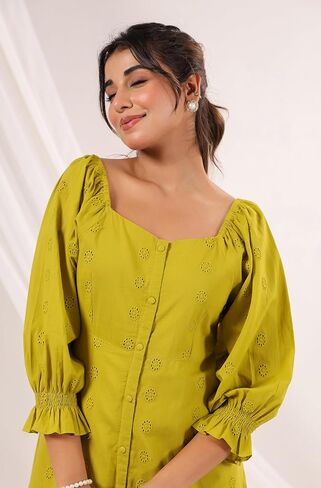 Janasya Women's Cotton Lime Green Comfort Summer Dress for Women in Kuwait