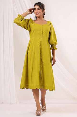 Janasya Women's Cotton Lime Green Comfort Summer Dress for Women in Kuwait