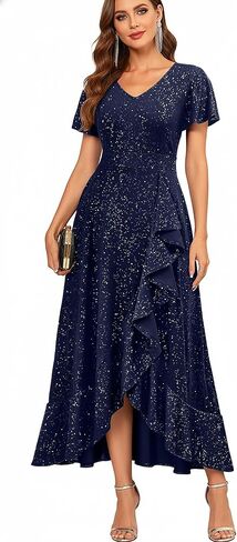 Pinup Fashion Formal Dress Womens - Evening Party Sequin Cocktail Wedding Guest Flutter Sleeve High Low Long Dress in Saudi Arabia