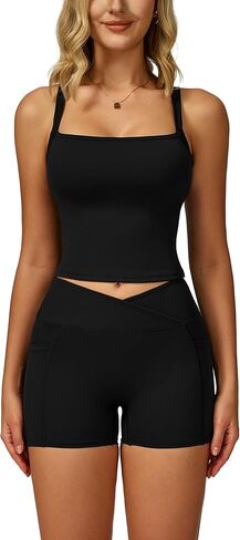 ABOCIW Workout Sets for Women 2 Piece Square Neck Tank Top Crossover Biker Shorts with Pockets Yoga Gym Outfits in Saudi Arabia