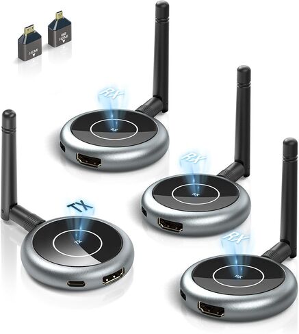 Wireless HDMI Upgrade Transmitter and 4 Receivers, Plug and Play Multiple Tvs, 5.8G/2.4G 1080P@ 60Hz 50M/165FT Stream Video Extender, PC, Laptop, TV Box, Monitors, Projectors (1TX+4RX) in Kuwait