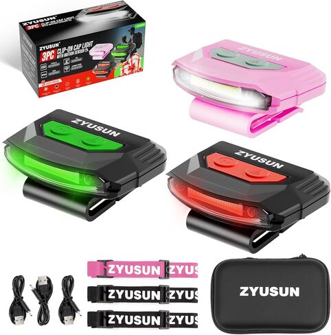 2-pack Rechargeable Cap Light,Clip on Hat with Motion Sensor,Lightweight IPX4 Waterproof,White/Red/Green Night Vision LED Light for Hunting Fishing Camping Hiking Cycling, Include Carrying Case in Saudi Arabia