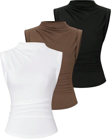 OYOANGLE Women's 3 Pack Mock Neck Ruched Tank Tops Basic Solid Summer Sleeveless Fitted Top in Saudi Arabia