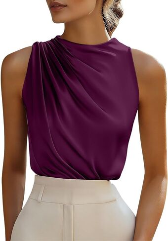 Women's Satin Sleeveless Blouse Draped Neck Elegant Silky Tank Top Dressy Work Office Party Going Out Shirts in Saudi Arabia