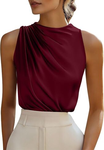 Women's Satin Sleeveless Blouse Draped Neck Elegant Silky Tank Top Dressy Work Office Party Going Out Shirts in Saudi Arabia