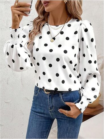 Floerns Women's Polka Dots Blouse Puff Long Sleeve Crewneck Business Casual Work Shirts Tops Black and White Medium in Saudi Arabia