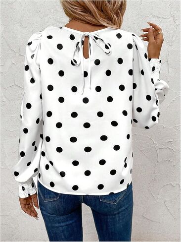 Floerns Women's Polka Dots Blouse Puff Long Sleeve Crewneck Business Casual Work Shirts Tops Black and White Medium in Saudi Arabia