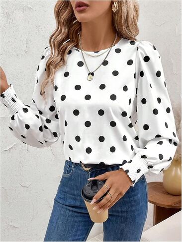 Floerns Women's Polka Dots Blouse Puff Long Sleeve Crewneck Business Casual Work Shirts Tops Black and White Medium in Saudi Arabia