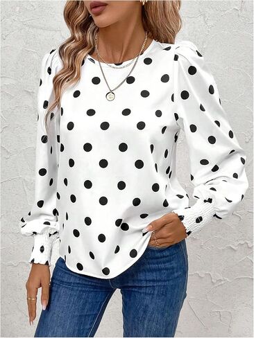 Floerns Women's Polka Dots Blouse Puff Long Sleeve Crewneck Business Casual Work Shirts Tops Black and White Medium in Saudi Arabia