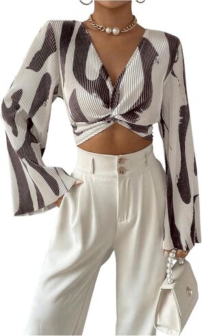 Floerns Women's Casual V Neck Bell Sleeve Print Knot Front Crop Top Blouse in Saudi Arabia