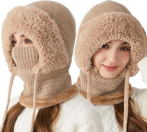 Ouyniei 3 in 1 Beanie Hat,Womens Winter Hat with Scarf and Mask Knit for Cold Weather Winter Thermal Cover Face Snow Caps in Saudi Arabia