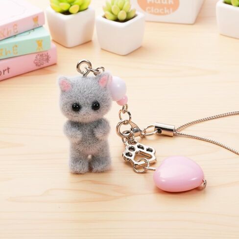 Bruislard القط المفاتيح الهاتف المحفظة سحر لطيف رمادي أفخم Kawaii حقيبة الملحقات لحقيبة الظهر قلادة الديكور، حوالي 4 بوصات in Kuwait