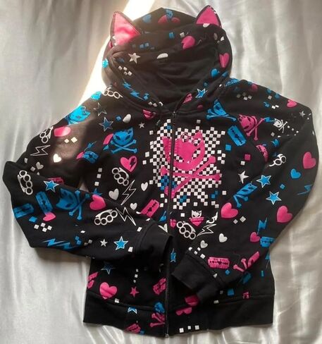 Womens Y2k Skulls Pattern Hoodies Kawaii Zip Up Clothes Punk Hip Hop Cat Ears Sweatshirts Cute Hoodie in Saudi Arabia