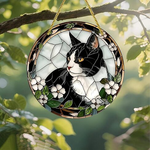 Colorful Acrylic Suncatcher, Stained Glass Cat with Flowers 7-inch Hanging Window Wall Art Decor with Printed Stained Glass Style Design, Gift Idea & Garden Ornament Indoor Outdoor Use in Saudi Arabia
