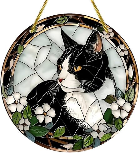 Colorful Acrylic Suncatcher, Stained Glass Cat with Flowers 7-inch Hanging Window Wall Art Decor with Printed Stained Glass Style Design, Gift Idea & Garden Ornament Indoor Outdoor Use in Saudi Arabia