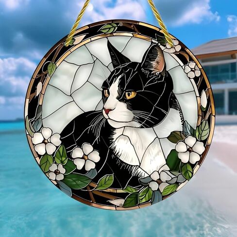 Colorful Acrylic Suncatcher, Stained Glass Cat with Flowers 7-inch Hanging Window Wall Art Decor with Printed Stained Glass Style Design, Gift Idea & Garden Ornament Indoor Outdoor Use in Saudi Arabia