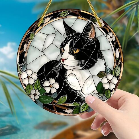Colorful Acrylic Suncatcher, Stained Glass Cat with Flowers 7-inch Hanging Window Wall Art Decor with Printed Stained Glass Style Design, Gift Idea & Garden Ornament Indoor Outdoor Use in Saudi Arabia