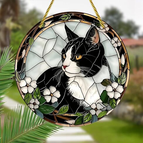 Colorful Acrylic Suncatcher, Stained Glass Cat with Flowers 7-inch Hanging Window Wall Art Decor with Printed Stained Glass Style Design, Gift Idea & Garden Ornament Indoor Outdoor Use in Saudi Arabia