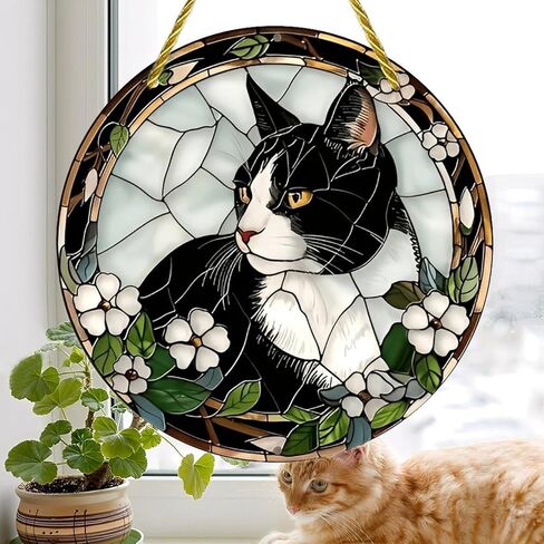Colorful Acrylic Suncatcher, Stained Glass Cat with Flowers 7-inch Hanging Window Wall Art Decor with Printed Stained Glass Style Design, Gift Idea & Garden Ornament Indoor Outdoor Use in Saudi Arabia