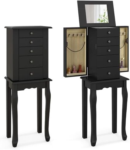 خزانة مجوهرات NAFORT قائمة مع مرآة علوية قابلة للطي، خزانة مجوهرات ذات سعة تخزين كبيرة، منظم من الخشب الصلب مع 5 أدراج وبابين جانبيين للقلادة، أسود in Kuwait